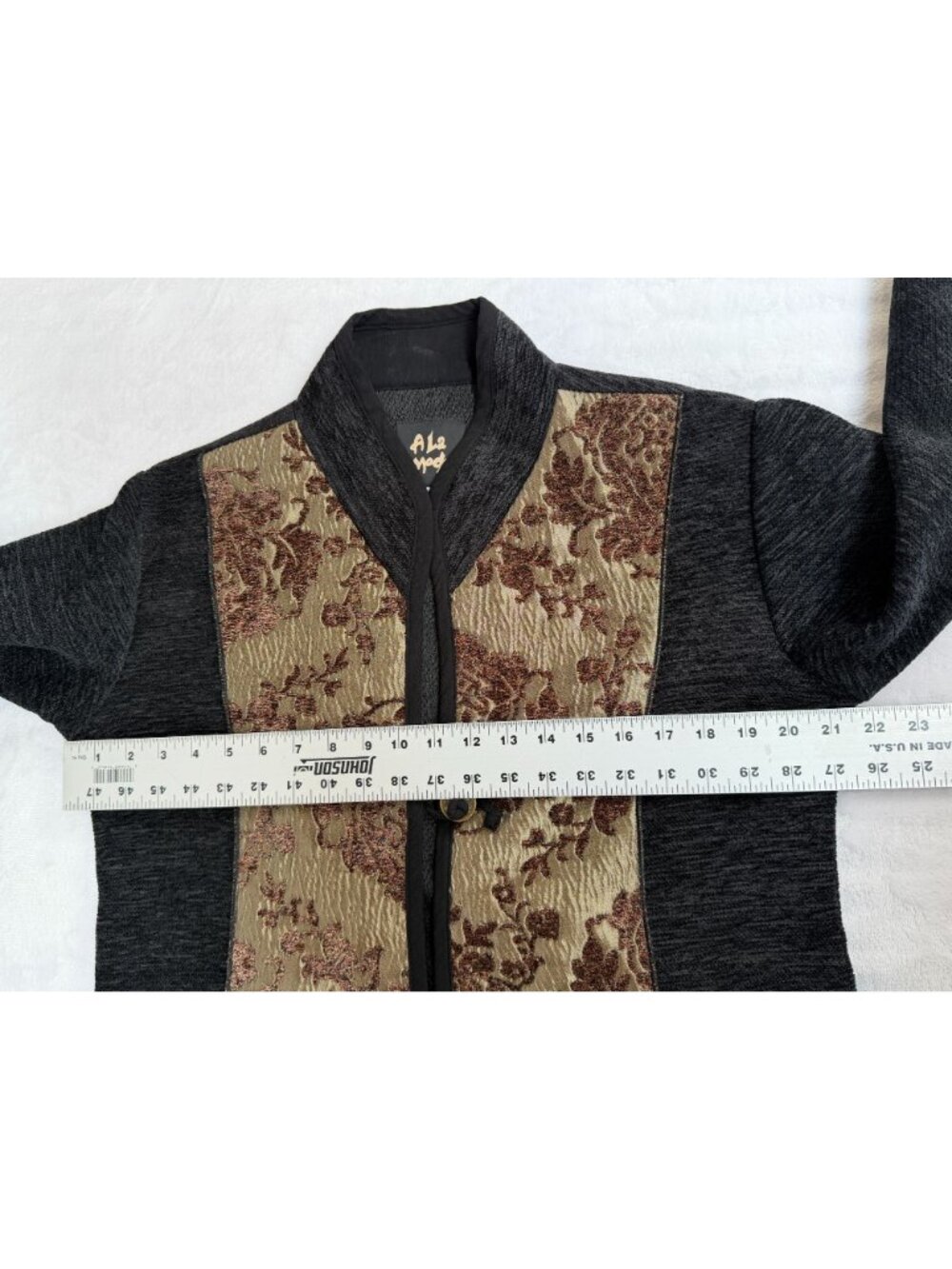 A La Mode Vintage Black Brocade Panel Cropped Jacket Made in USA Size Medium - Picture 7 of 10